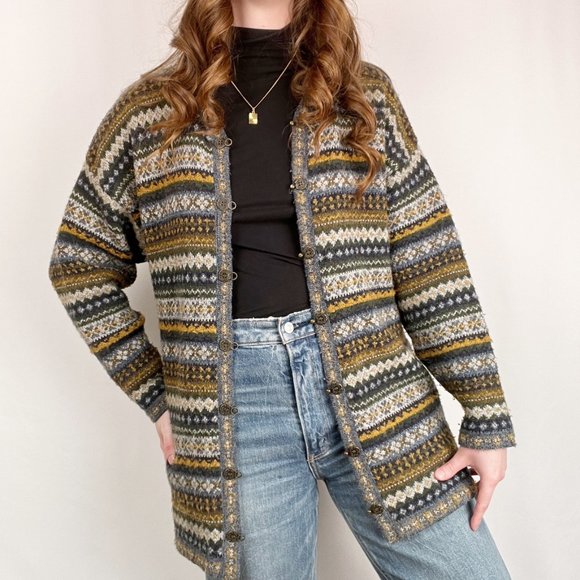Vintage Sweaters - Vintage Fair Isle Knit Oversized Long Cardigan Sweater Scandinavian Cozy 90s Y2K